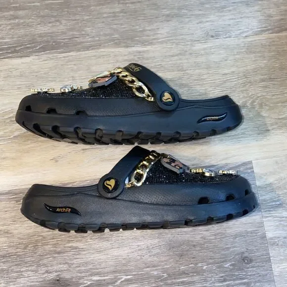 Skechers x Snoop Dogg Black Bling Clogs w/ Charms & Gold Chain Slip Ons SZ 8 - Picture 4 of 9